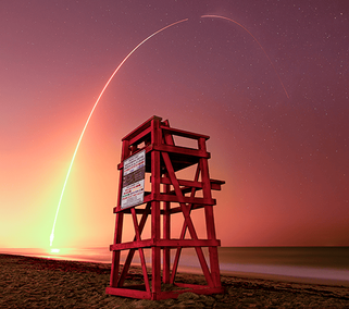 This image features a long-exposure photograph of a SpaceX Falcon 9 rocket launching from the Florida Space Coast