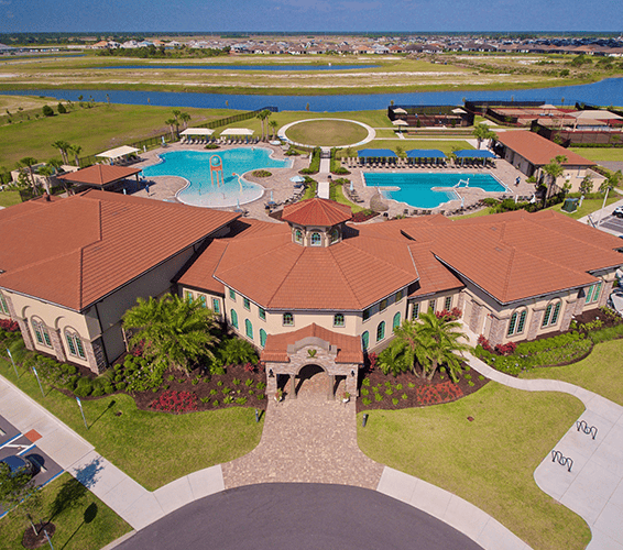 This aerial view shows the Addison Village Clubhouse located in Viera, Florida