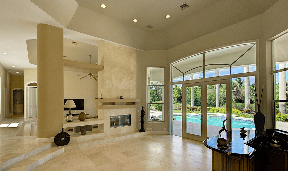 Interior shot of a living room with a fireplace
